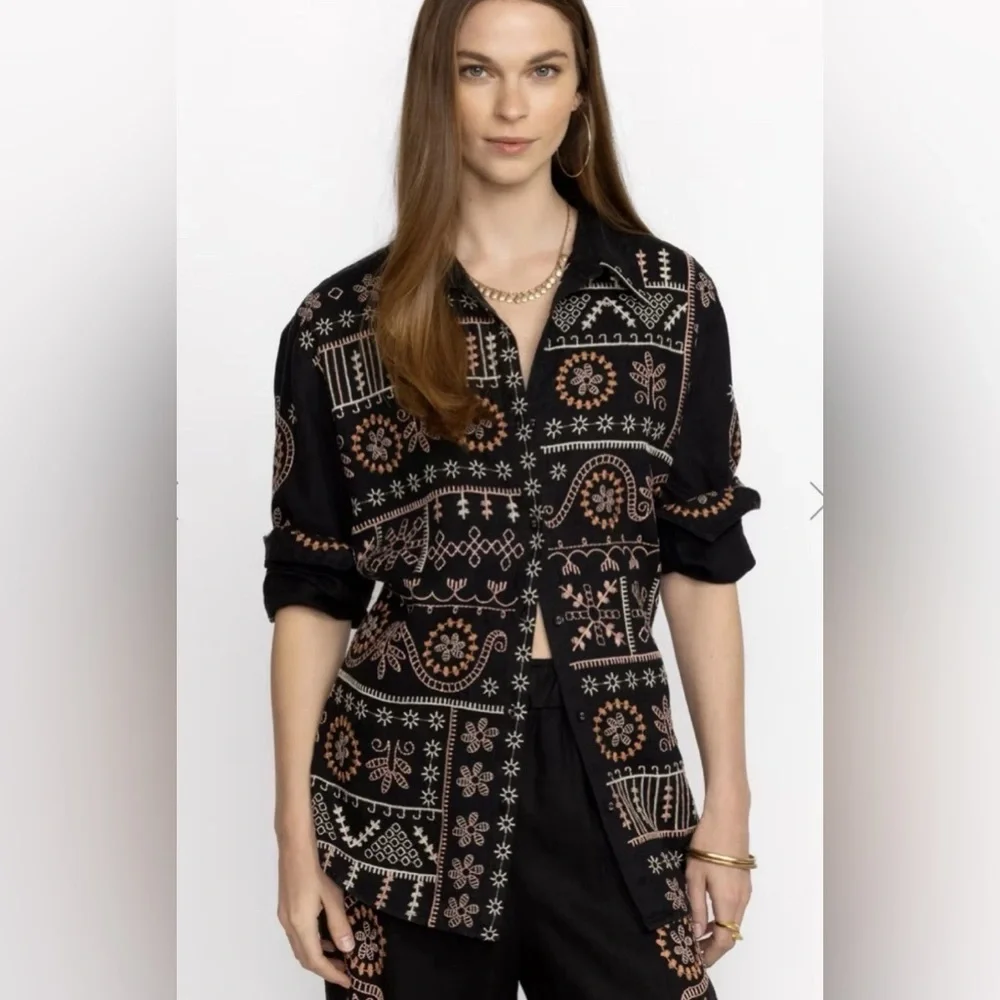 Johnny Was Faye Relaxed Linen Button Down Embroidered Shirt Lagenlook Size L - Picture 1 of 15